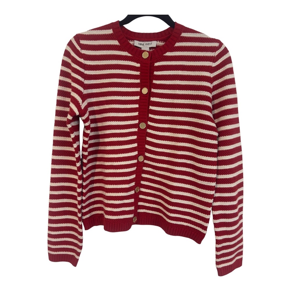 Nine West Red White Striped Cardigan Gold Button Sweater DNWS3328 Womens S Wanda